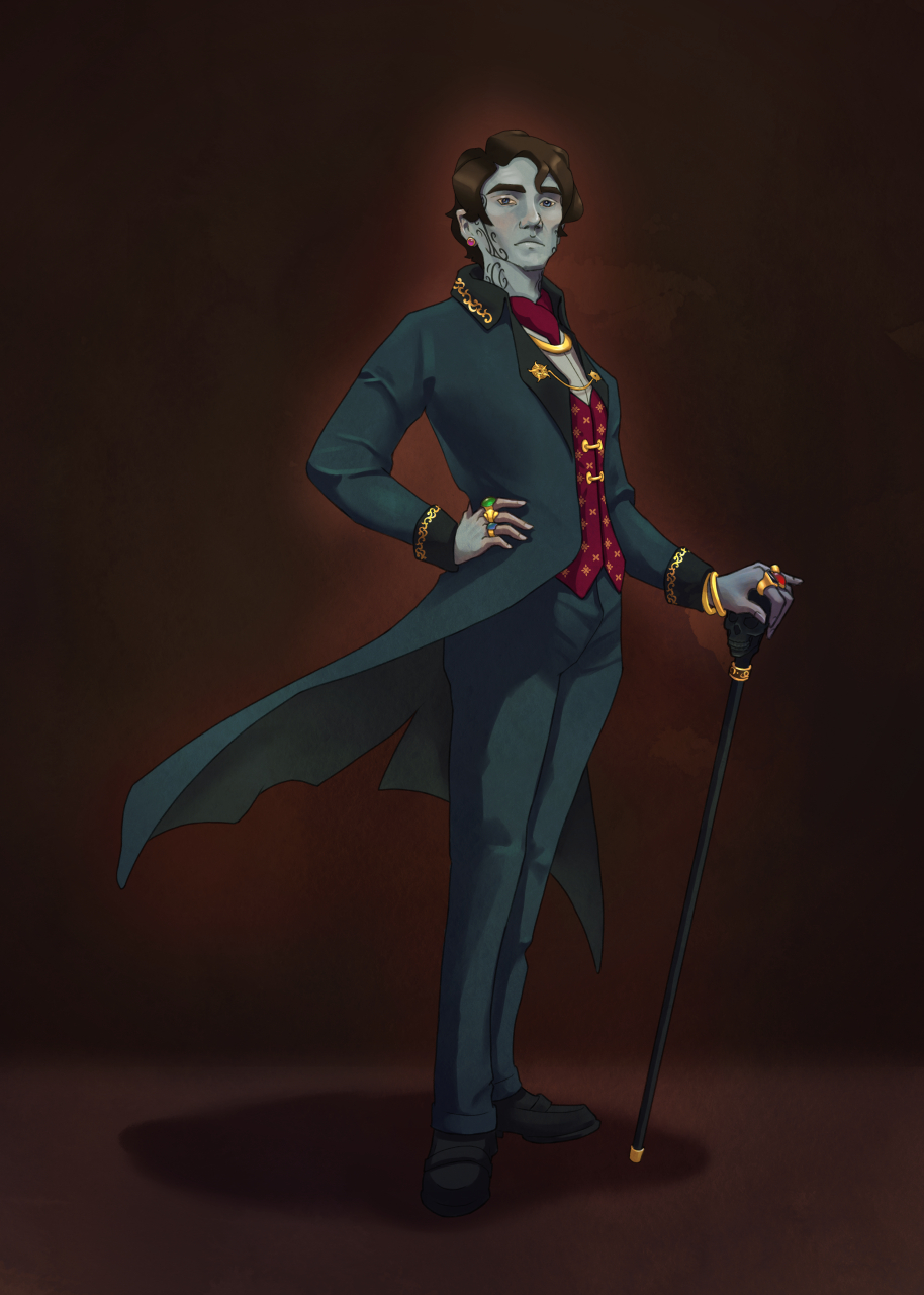 A blue male humanoid in a fancy suit looks down imposingly on the viewer.  He has many gold jewels.  He has a cane with a skull handle. The art is done in the style of a full body oil painting.